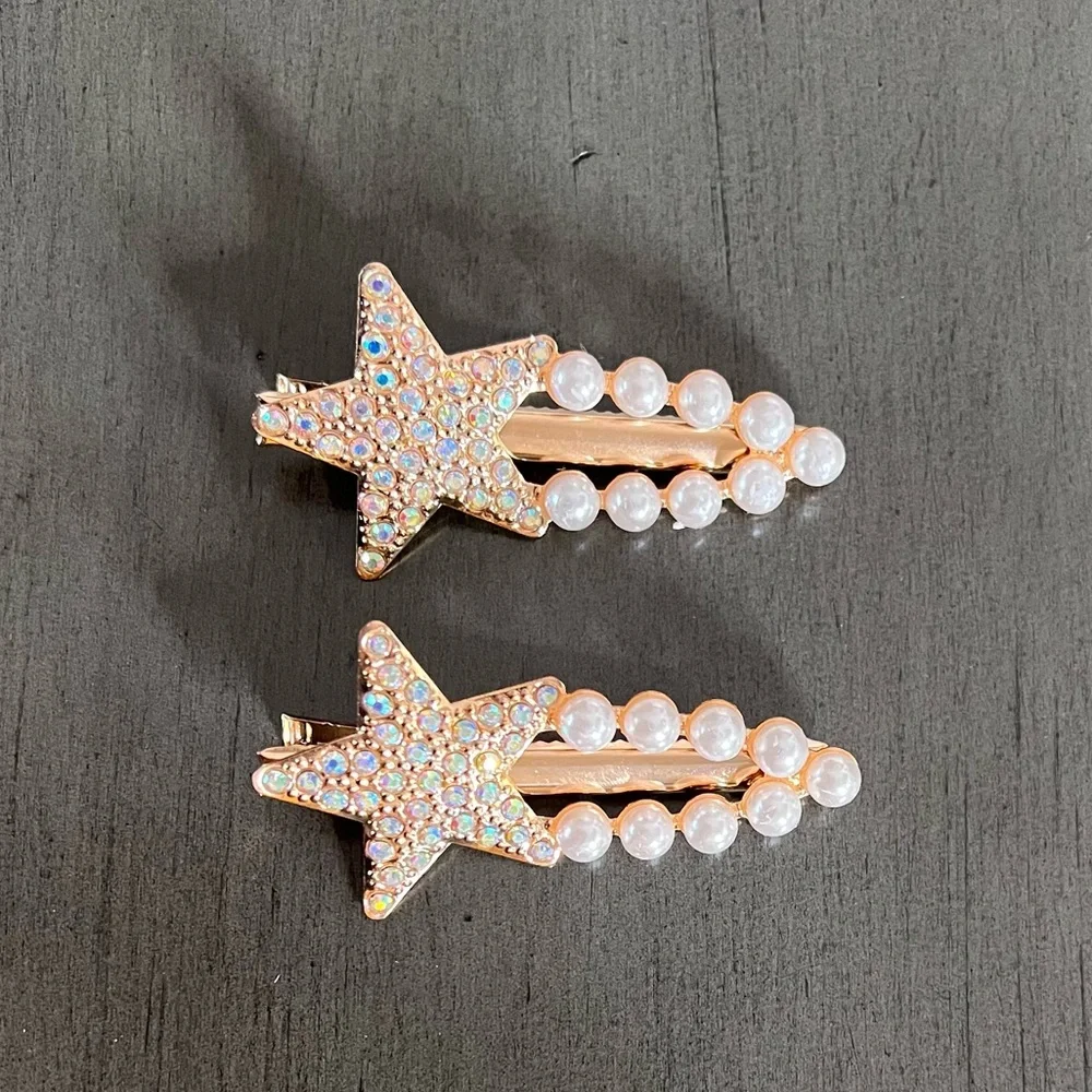 Gold Star White Pearl Aurora Rhinestone Alligator Clip 2.5